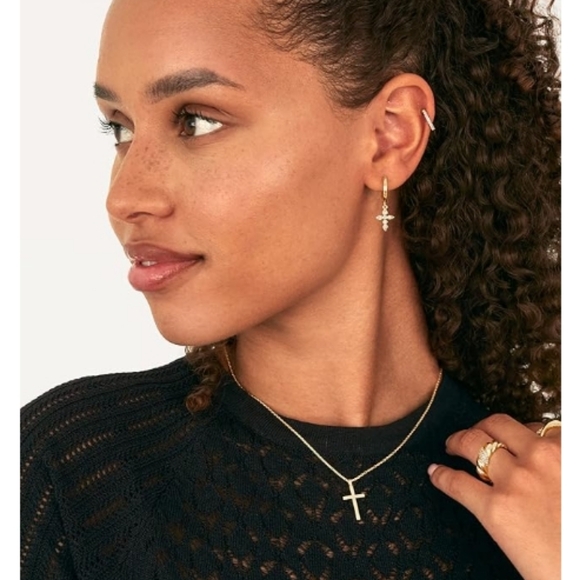 14K Gold Plated Lightweight Drop Dangle Huggie Hoop Cross Earrings White Gold - Picture 4 of 6